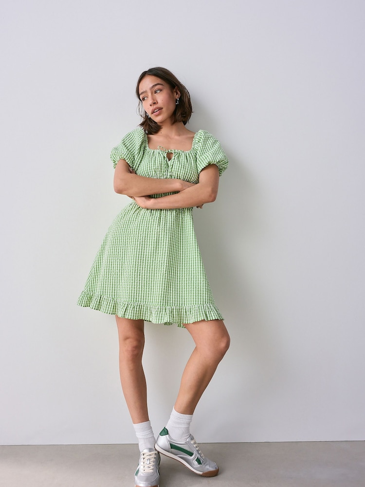Green Gingham 100% Cotton Puff Sleeve Milkmaid Mini Dress - Image 2 of 8