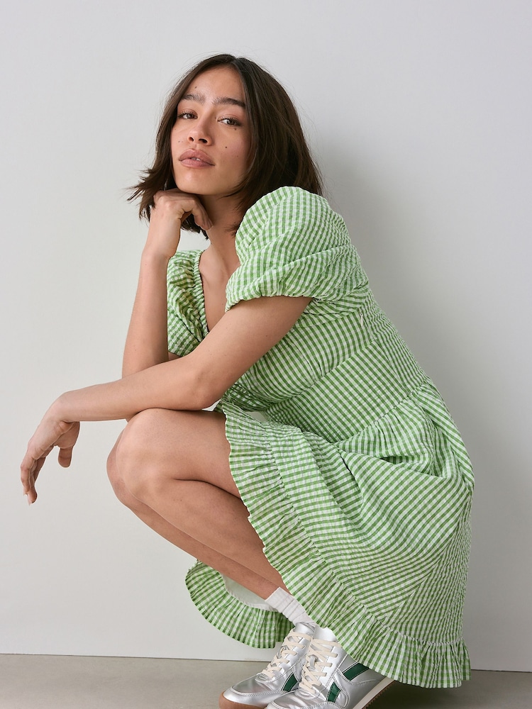 Zielona krata gingham - 100% Cotton Puff Sleeve Milkmaid Mini Dress - Image 3 of 8