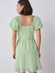 Green Gingham 100% Cotton Puff Sleeve Milkmaid Mini Dress - Image 4 of 8