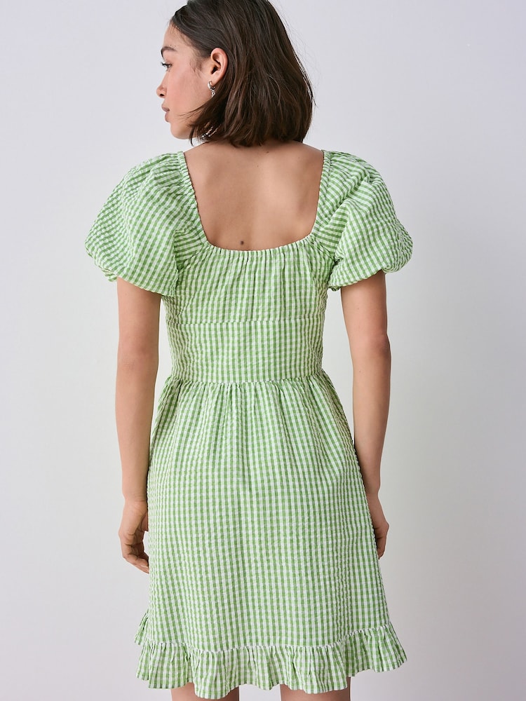 Zielona krata gingham - 100% Cotton Puff Sleeve Milkmaid Mini Dress - Image 4 of 8