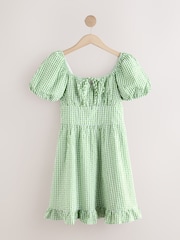 Green Gingham 100% Cotton Puff Sleeve Milkmaid Mini Dress - Image 5 of 8