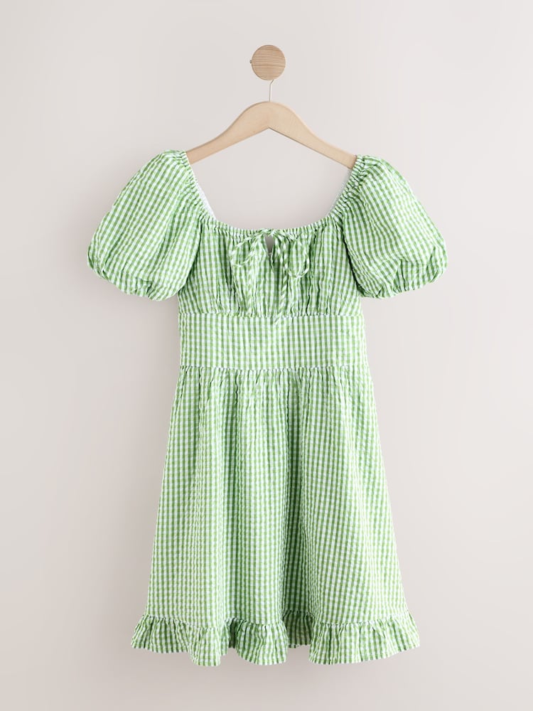 Zielona krata gingham - 100% Cotton Puff Sleeve Milkmaid Mini Dress - Image 5 of 8