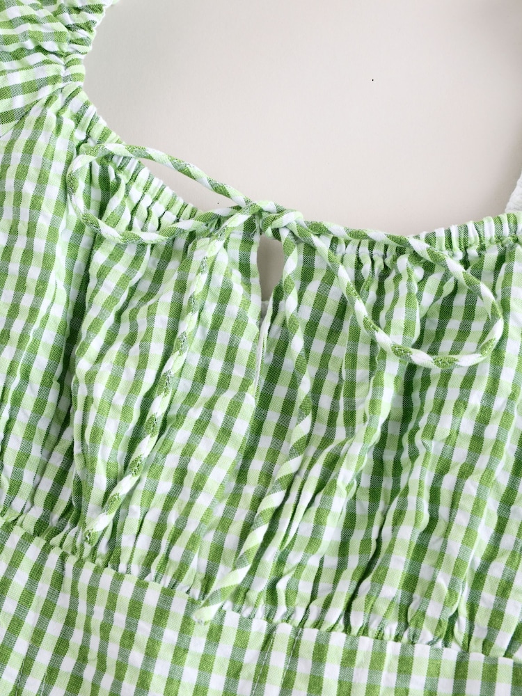 Zielona krata gingham - 100% Cotton Puff Sleeve Milkmaid Mini Dress - Image 6 of 8