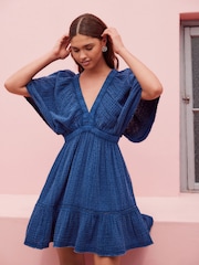 Wash Navy Blue Textured V-Neck 100% Cotton Mini Dress - Image 1 of 8