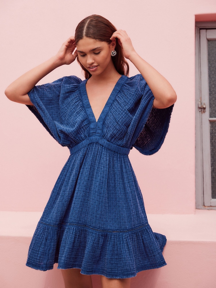 Wash Navy Blue Textured V-Neck 100% Cotton Mini Dress - Image 1 of 8
