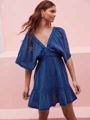 Wash Navy Blue Textured V-Neck 100% Cotton Mini Dress - Image 2 of 8