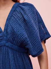 Wash Navy Blue Textured V-Neck 100% Cotton Mini Dress - Image 4 of 8