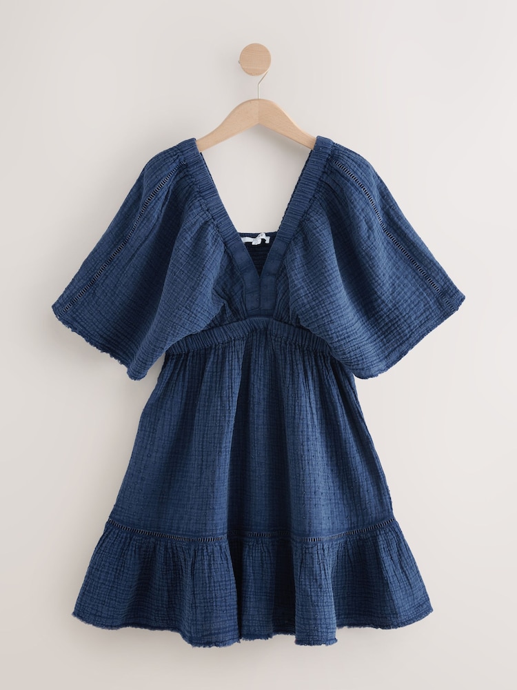 Buy Wash Navy Blue Textured V-Neck 100% Cotton Mini Dress from Next USA