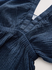 Wash Navy Blue Textured V-Neck 100% Cotton Mini Dress - Image 7 of 8