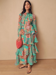 Bright Green Paisley Print N. Premium Long Sleeve Tiered Boho Occasion Maxi Dress - Image 1 of 7