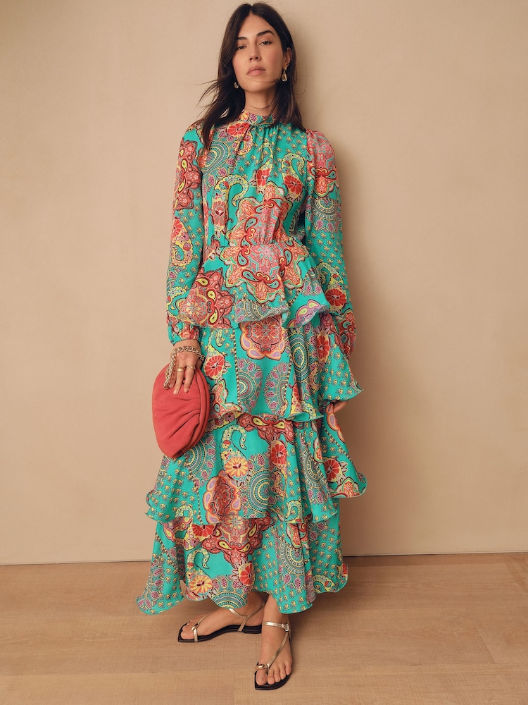 Bright Green Paisley Print N. Premium Long Sleeve Tiered Boho Occasion Maxi Dress - Image 1 of 7