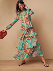 Bright Green Paisley Print N. Premium Long Sleeve Tiered Boho Occasion Maxi Dress - Image 2 of 7