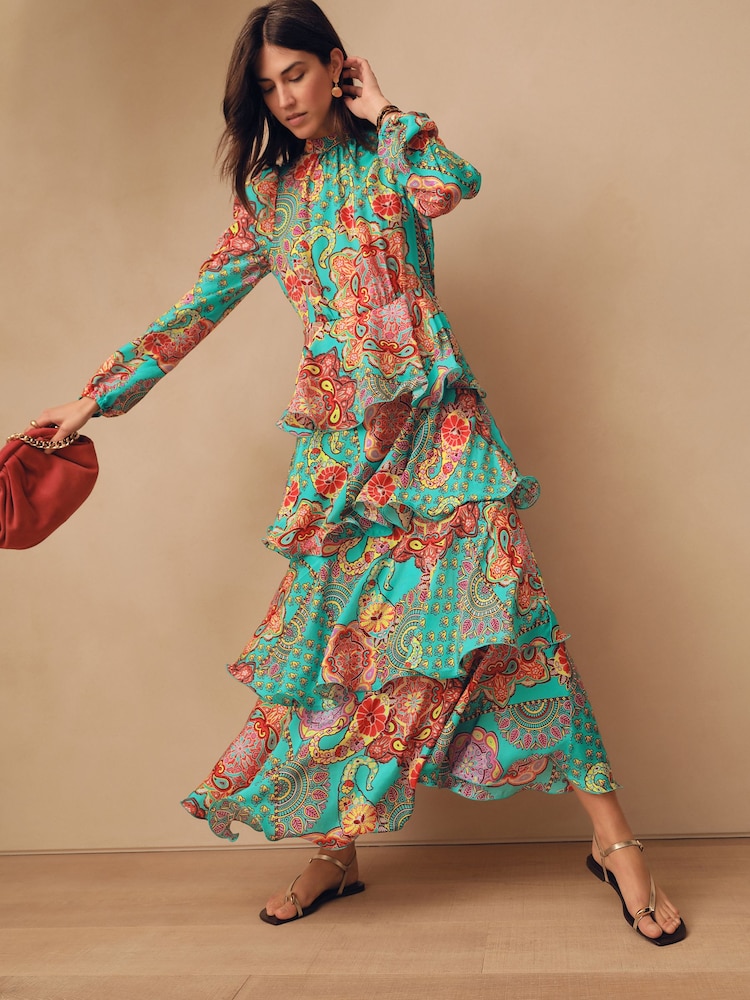 Bright Green Paisley Print N. Premium Long Sleeve Tiered Boho Occasion Maxi Dress - Image 2 of 7