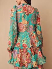 Bright Green Paisley Print N. Premium Long Sleeve Tiered Boho Occasion Maxi Dress - Image 3 of 7
