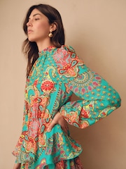 Bright Green Paisley Print N. Premium Long Sleeve Tiered Boho Occasion Maxi Dress - Image 4 of 7