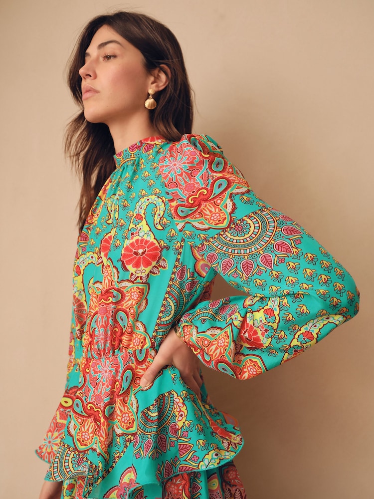 ការបោះពុម្ព Paisley ពណ៌បៃតងភ្លឺ - N. រ៉ូប Maxi Occasion Boho ដៃវែងពិសេស - Image 4 of 7