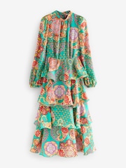 Bright Green Paisley Print N. Premium Long Sleeve Tiered Boho Occasion Maxi Dress - Image 5 of 7