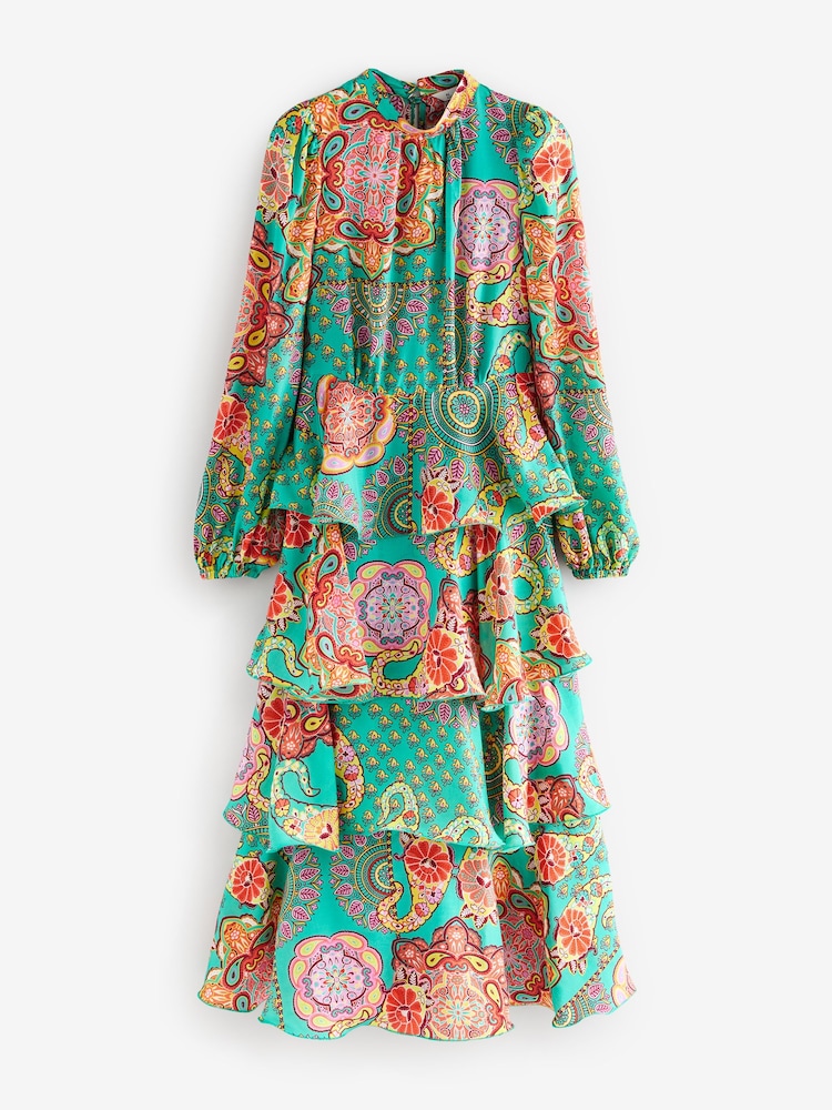 ការបោះពុម្ព Paisley ពណ៌បៃតងភ្លឺ - N. រ៉ូប Maxi Occasion Boho ដៃវែងពិសេស - Image 5 of 7