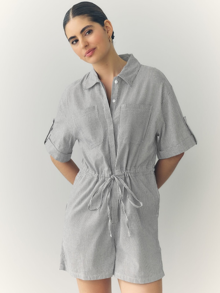 Rayas azul/blanco - Short Sleeve Textured Utility Playsuit - Imagen 1 de 9