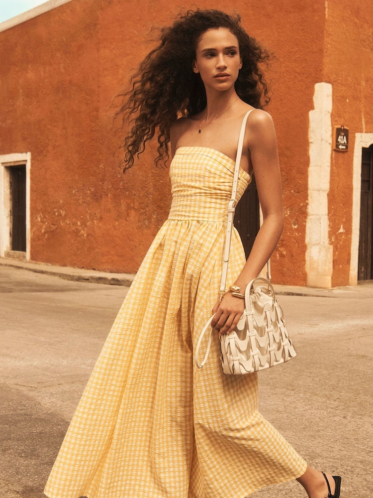 Yellow Gingham Seersucker Bandeau Midi Summer Dress - Image 1 of 8