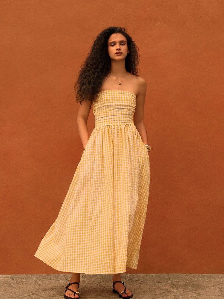 Yellow Gingham Seersucker Bandeau Midi Summer Dress
