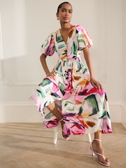 Pink Abstract Print Puff Sleeve Button Down Occasion Maxi 100% Cotton Dress - Image 1 of 8