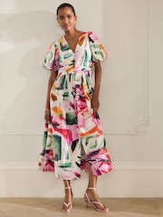 Pink Abstract Print Puff Sleeve Button Down Occasion Maxi 100% Cotton Dress - Image 2 of 8