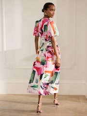 Pink Abstract Print Puff Sleeve Button Down Occasion Maxi 100% Cotton Dress - Image 3 of 8