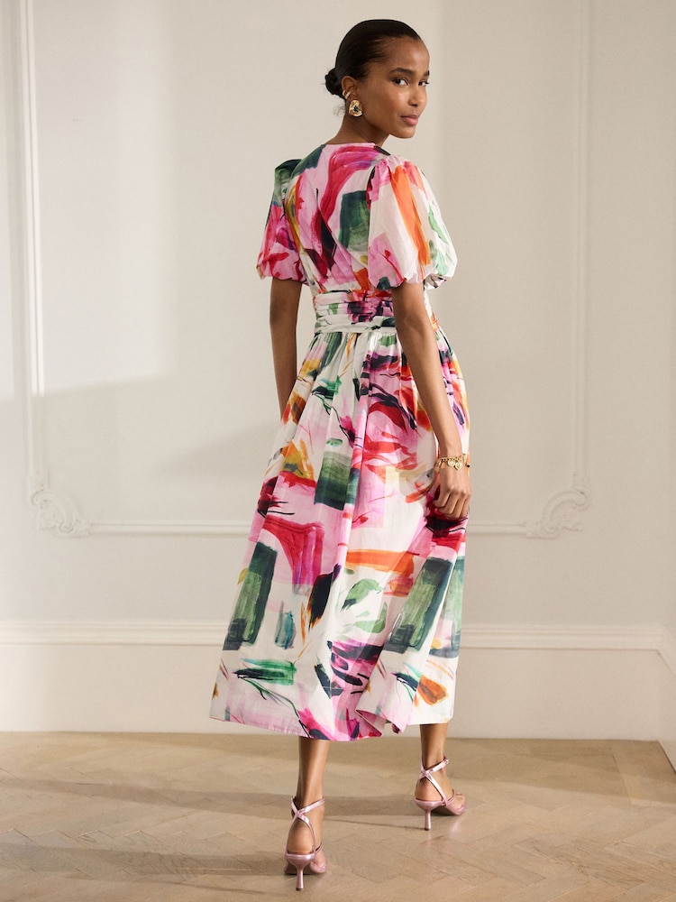 Pink Abstract Print Puff Sleeve Button Down Occasion Maxi 100% Cotton Dress - Image 3 of 8