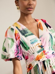 Pink Abstract Print Puff Sleeve Button Down Occasion Maxi 100% Cotton Dress - Image 4 of 8
