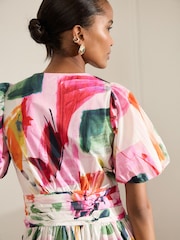 Pink Abstract Print Puff Sleeve Button Down Occasion Maxi 100% Cotton Dress - Image 5 of 8