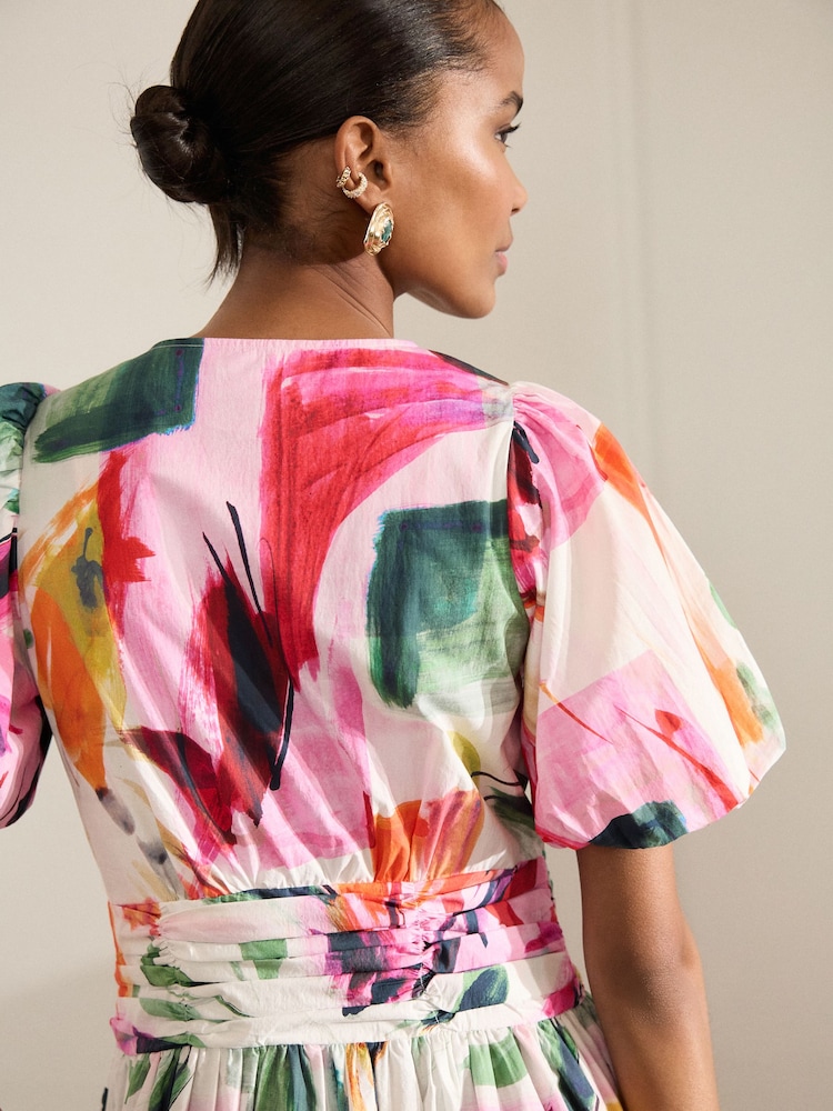 Pink Abstract Print Puff Sleeve Button Down Occasion Maxi 100% Cotton Dress - Image 5 of 8