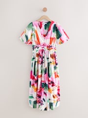 Pink Abstract Print Puff Sleeve Button Down Occasion Maxi 100% Cotton Dress - Image 6 of 8