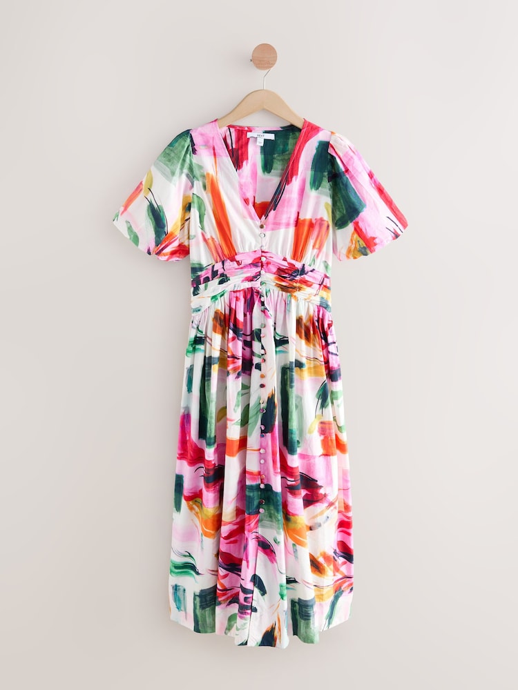 Pink Abstract Print Puff Sleeve Button Down Occasion Maxi 100% Cotton Dress - Image 6 of 8