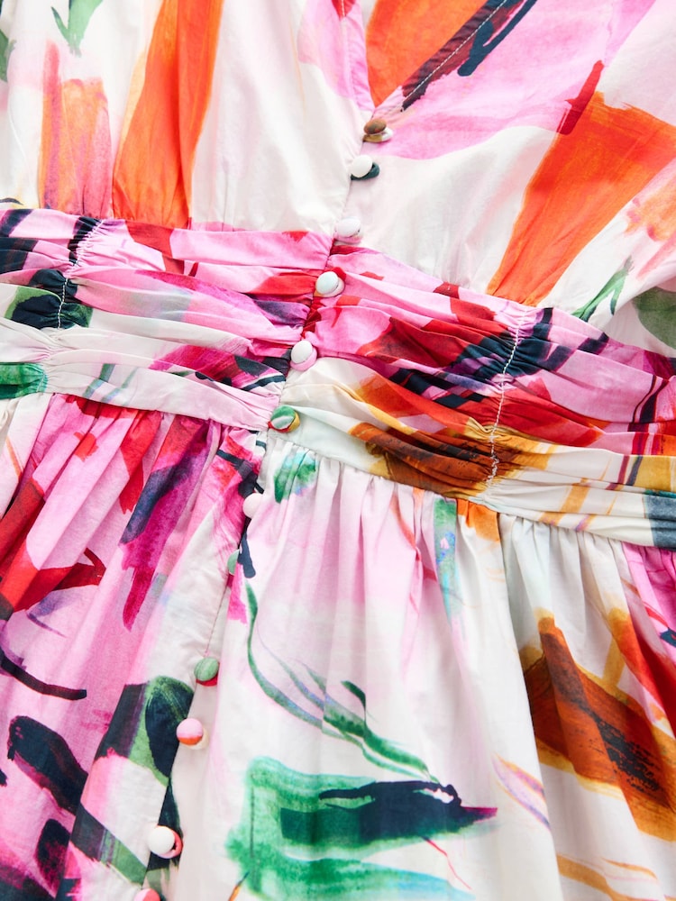Pink Abstract Print Puff Sleeve Button Down Occasion Maxi 100% Cotton Dress - Image 8 of 8
