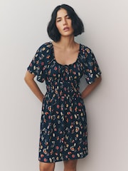 Black Vegetable Print Short Sleeve Tie Front Jersey Mini Dress - Image 1 of 6