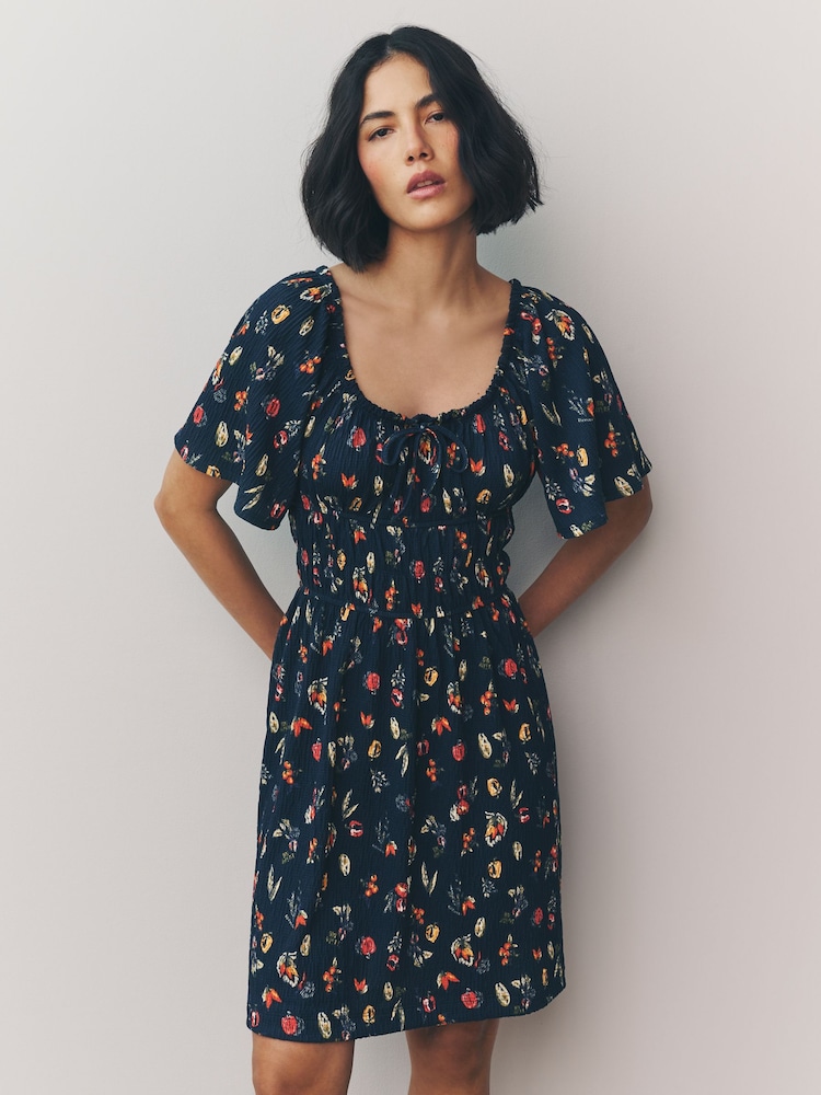 Black Vegetable Print Short Sleeve Tie Front Jersey Mini Dress - Image 1 of 6