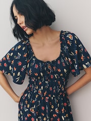 Black Vegetable Print Short Sleeve Tie Front Jersey Mini Dress - Image 3 of 6