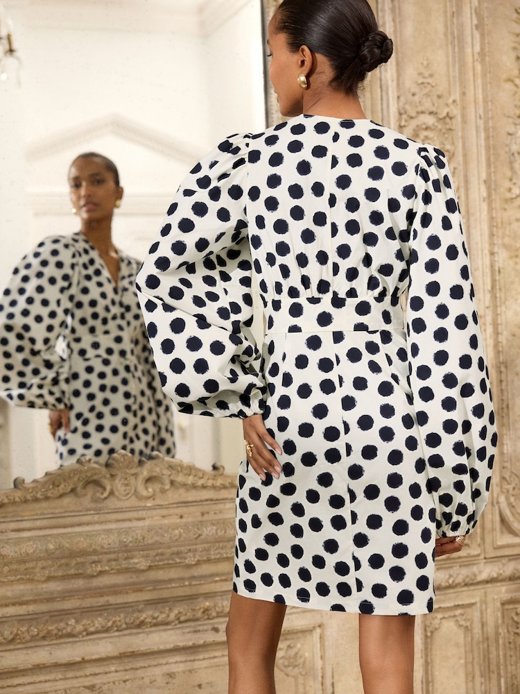 Monochrome 100% Cotton Long Sleeve Blouson Sleeve Waisted Mini Dress - Image 3 of 8