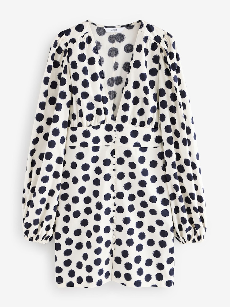 Monochrome 100% Cotton Long Sleeve Blouson Sleeve Waisted Mini Dress - Image 6 of 8