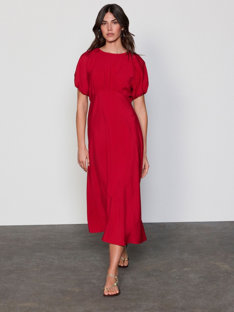 Bright Red Print Puff Sleeve Midi Dress - Image 1 of 7