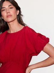 Bright Red Print Puff Sleeve Midi Dress - Image 2 of 7