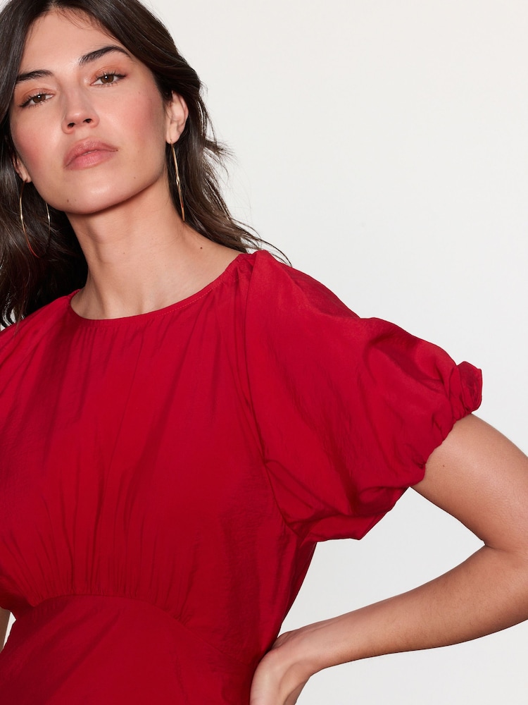 Bright Red Print Puff Sleeve Midi Dress - Image 2 of 7