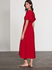 Bright Red Print Puff Sleeve Midi Dress - Image 3 of 7