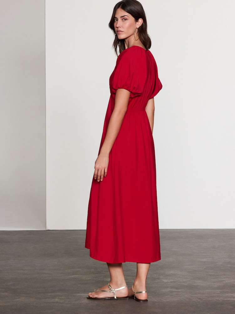 Bright Red Print Puff Sleeve Midi Dress - Image 3 of 7
