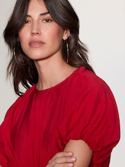 Bright Red Print Puff Sleeve Midi Dress - Image 4 of 7