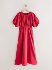 Bright Red Print Puff Sleeve Midi Dress - Image 5 of 7