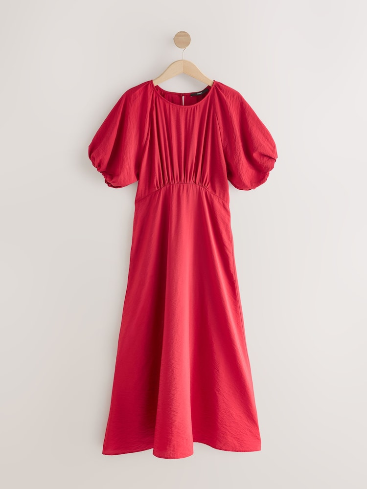 Bright Red Print Puff Sleeve Midi Dress - Image 5 of 7