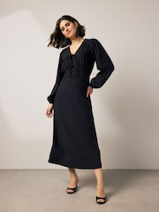 Black Long Sleeve Tie Front Midi Dress - Image 1 of 7