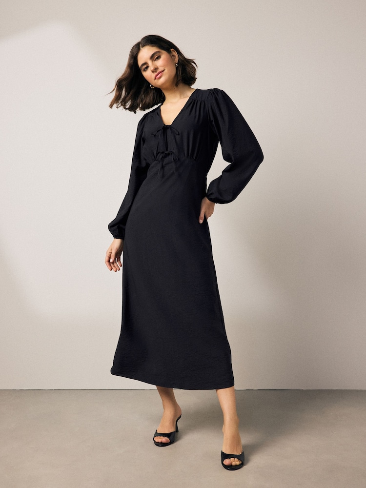 Black Long Sleeve Tie Front Midi Dress - Image 1 of 7